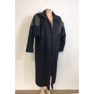 Vintage Long Wool Coat Leather Shoulder Overcoat 80s Womens 10
